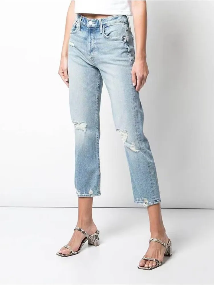 

Early Spring Women's Jeans Retro Nostalgic Hole Design High Waist Stretch Female Ankle-length Denim Pants Lady Bottoms