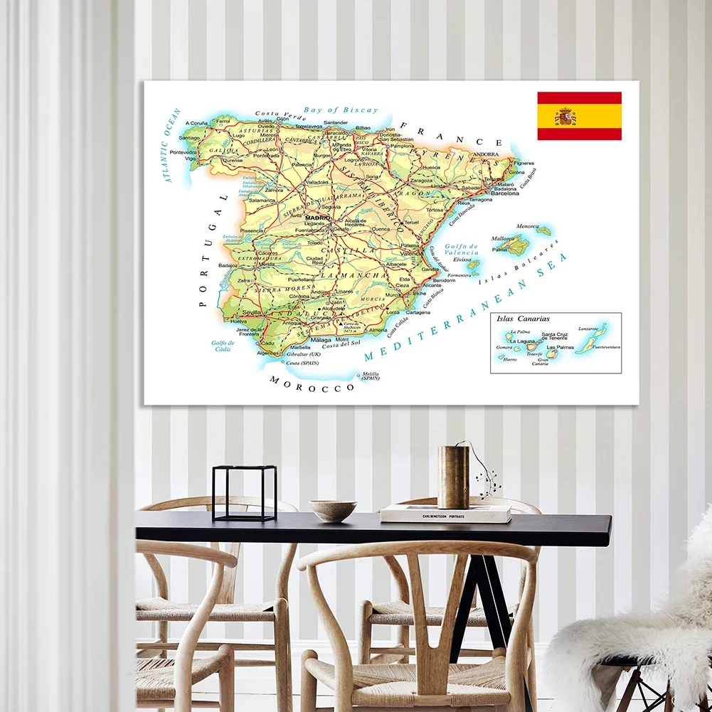 The Spain Road and Rail Network Map 225*150cm Non-woven Canvas Painting Wall Poster School Supplies Office Home Decoration