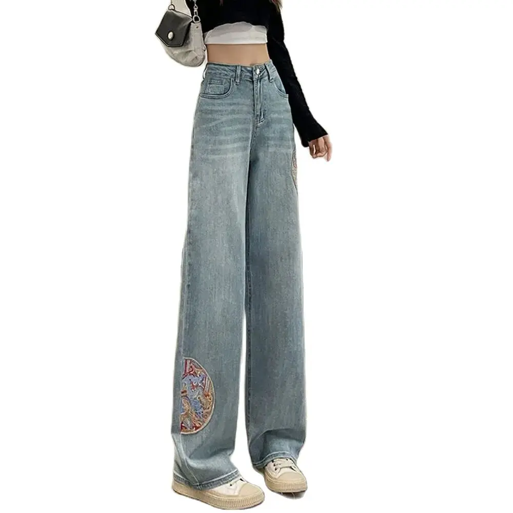 High Waist Retro National Style Embroidered Wide-leg Jeans Female Summer Loose Slim Narrow Straight Casual Mop Pants Female.