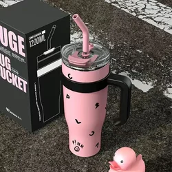 Stainless Steel Vacuum Insulated Large - Capacity Straw Tumbler - 1200ML (Pink)