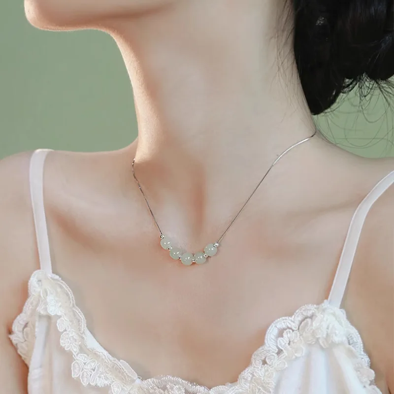 

PANJBJ 925 Sterling Silver Hotan Jade Necklace for Women Girl Retro Individuality Ethnic Jewelry Birthday Gift Dropshipping