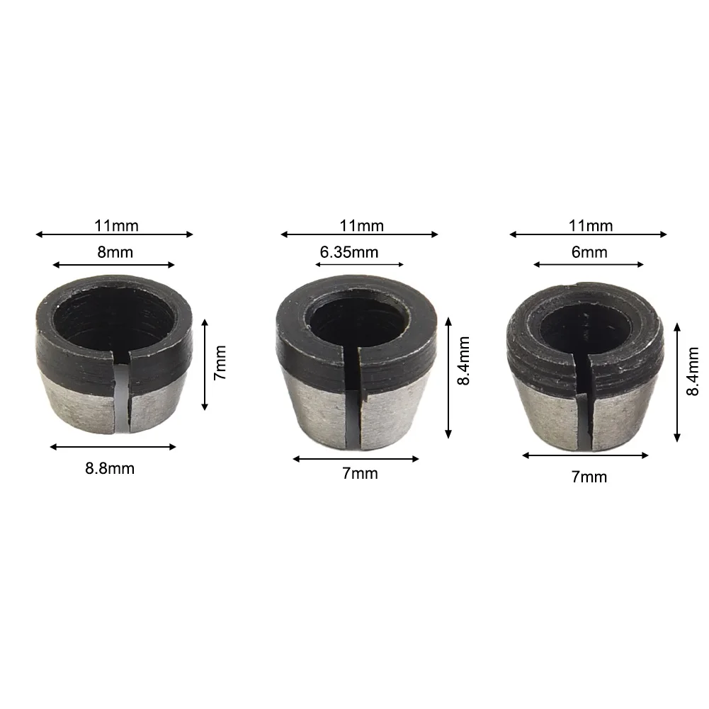 

3Pcs Collet Chuck Adapter For Engraving Trimming Machine Electric Router Wood Router 8mm/6.35mm/6mm Carbon Steel Collet Chuck