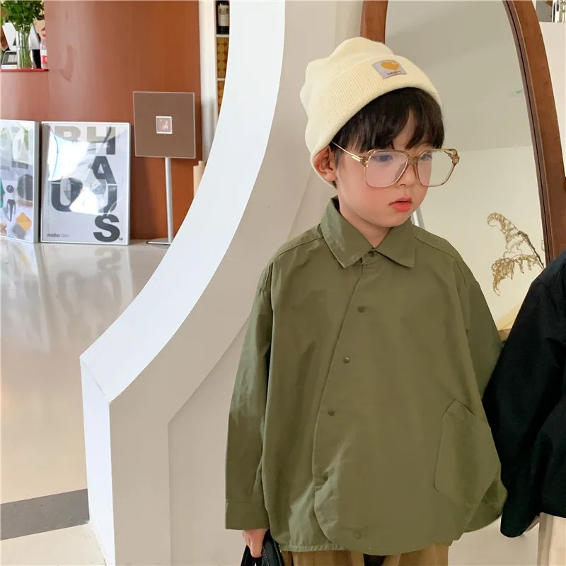 Korean style unique design solid color shirts Unisex Children cotton loose shirt Tops
