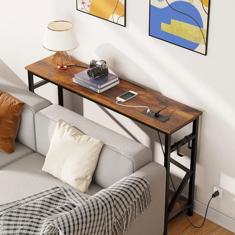 

Two Tier Entryway Table With 2 Outlets and 2 USB Ports Side Table Living Room Rustic Brown Coffee Tea End Small Sofa Tables Home