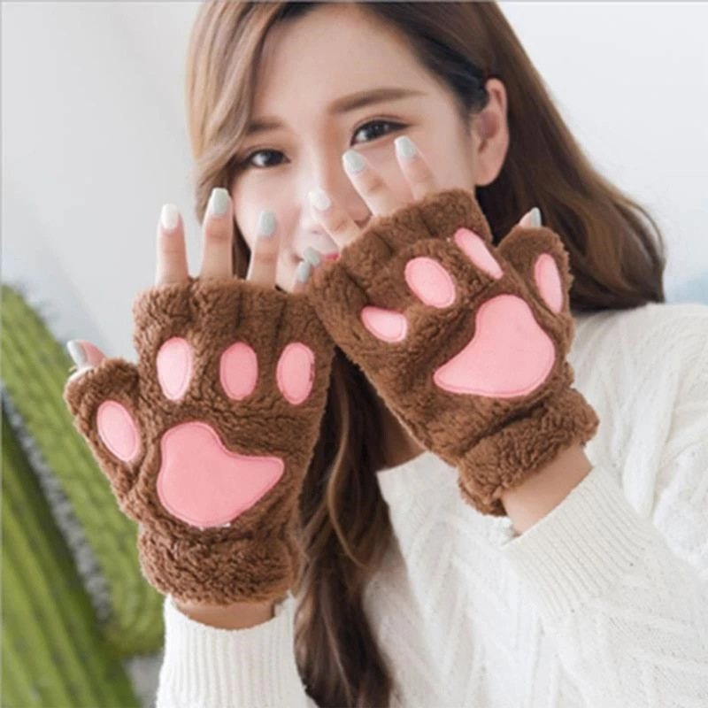 Women Winter Warm Half Finger Gloves Cartoon Paw Embroidery Anime Kitten Thicken Fuzzy Plush Fingerless Mittens fingerless gloves half finger gloves