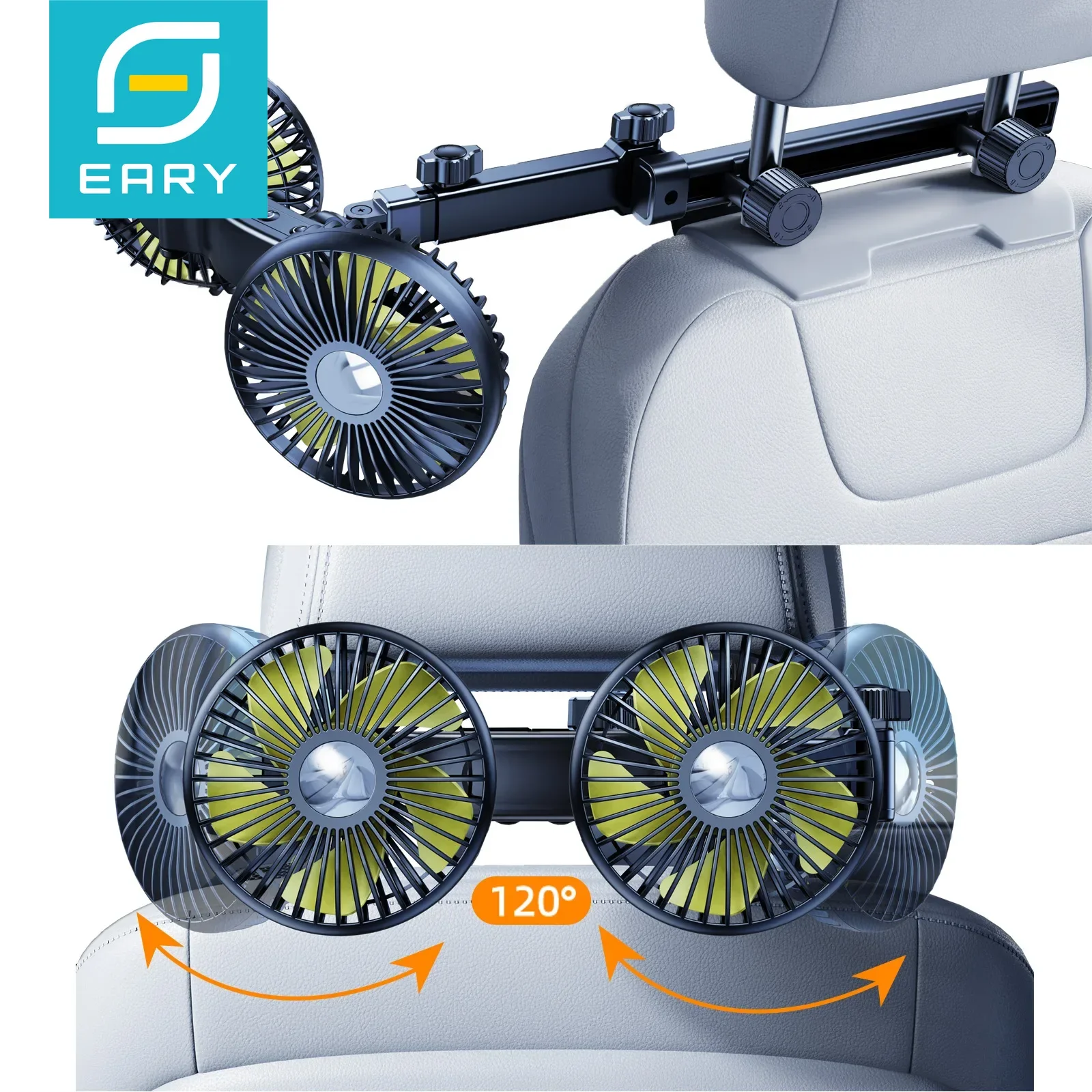 Eary Car Dual-Head Fan Mount For Backseat Rear Seat Headrest USB Charge Long Arm Adjustable 3-Speed Wind Air Cooling Fan For Kid 1