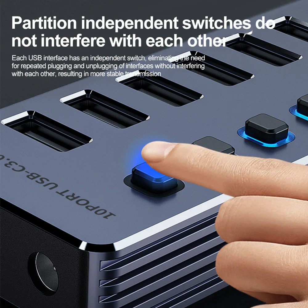 High-Speed 7-Port USB 3.0 Hub with Independent Switches and 12V Power Adapter