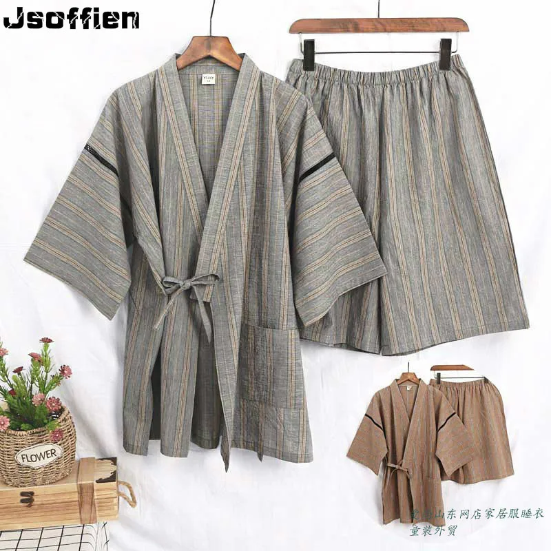 Men Japanese Kimono Costume Striped Vintage Yukata Stage Dancewear Summer Pajamas Sets