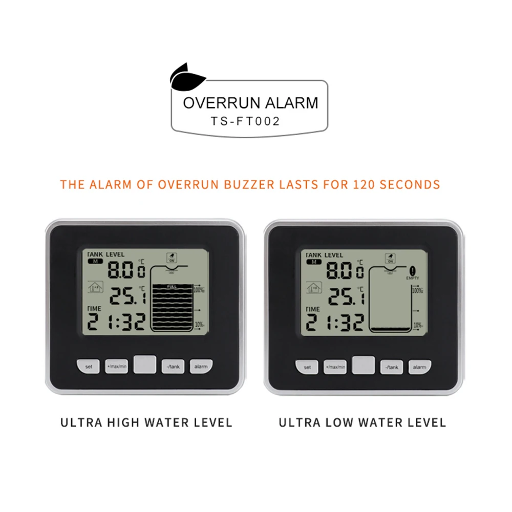 Water Level Meter Ultrasonic Wireless with Temperature Sensor Level Monitor Time Display Low Battery Indicator Alarm