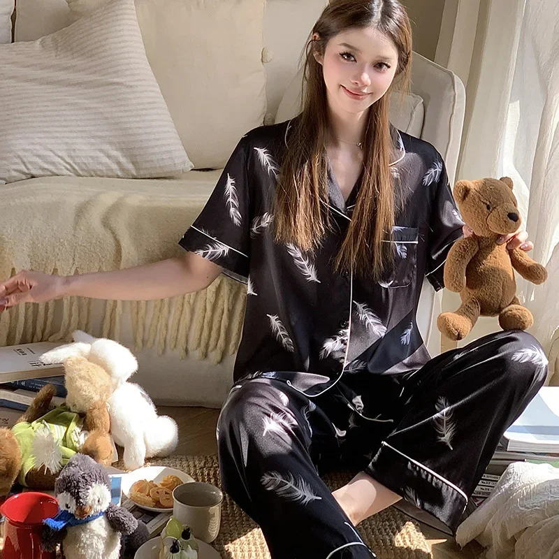 الصيف خفيفة الوزن الأزهار طباعة ملابس خاصة مجموعة المرأة قصيرة الأكمام السراويل الطويلة ملابس المنزل الحرير الجليد رقيقة محاكاة الحرير المنزل