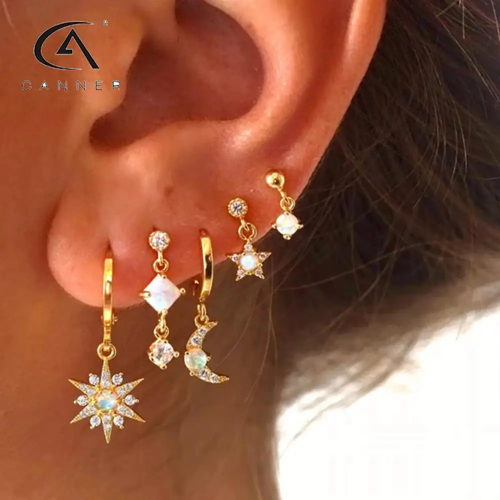 Canner Star Moon Diamond Opal Protein Orecchino Per Le Donne S925 Sterling Silver Ladies Fashion Piercing Thread Orecchini 1 Pz