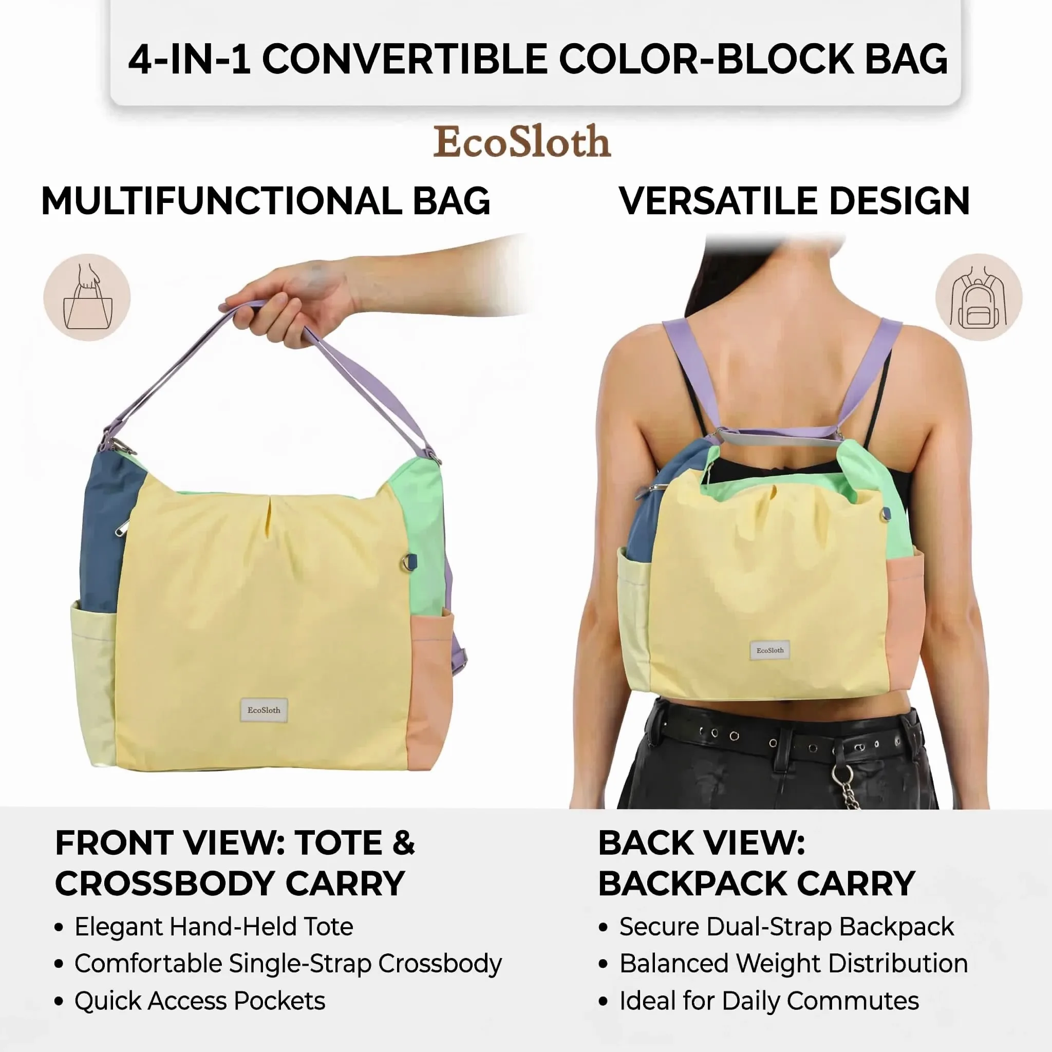 EcoSloth Convertible Fashion Backpacks With Large Capacity Shoulder Handbags for College Work Travel Tote Bag Dopamine Daypack 1