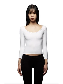 Tank Black and White Solid Color U-Neck Women's Long-Sleeve T-Shirt, Simple, Stylish, and Comfortable Base Shirt 1