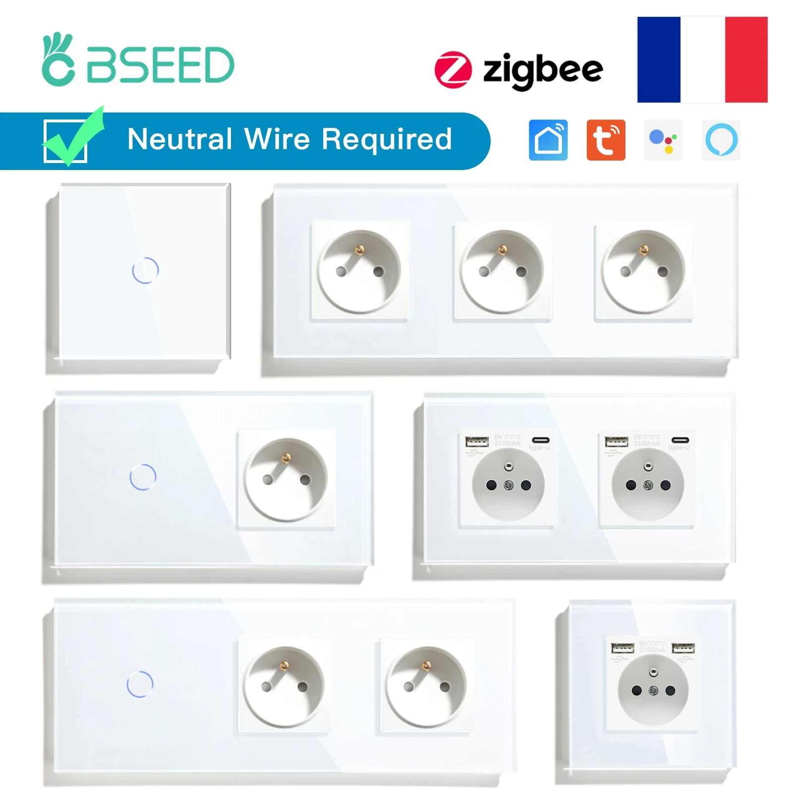 Interruptores de Luz Bseed-zigbee Aplicativo Smart Life Vidro com Soquetes Franceses Normais Smart Touch Usb c Gang Gang 3gang