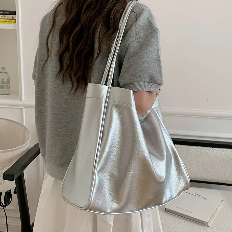 Casual Large Capacity Totes Commuting Designer Women Shoulder Bags Luxury Soft Pu Leather Lady Purses and Handbags Big Silver - 3