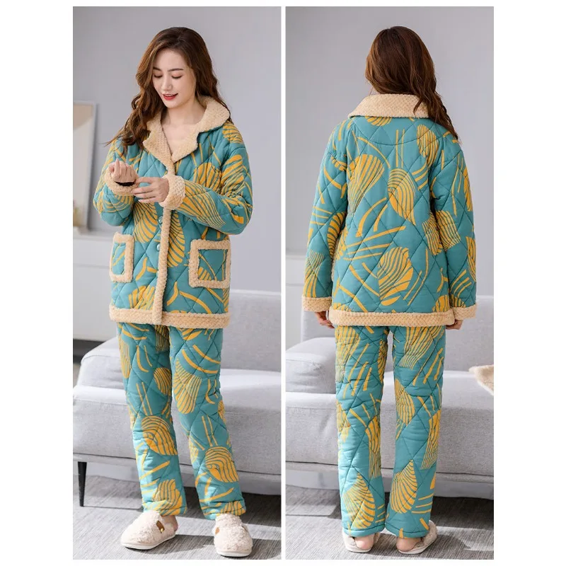 2024 New Women's Pajamas Winter Pure Cotton Quilted Sleepwear Thickened Cotton Padded Homewear Autumn Warm V-neck Loungewear