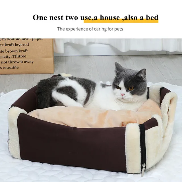 Niche d'intérieur fermée en peluche douce pour animaux de compagnie avec coussin parfait, panier de couchage chaud – Image 5