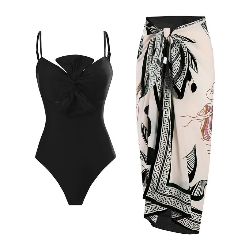 SUNSIREN Bowknot One-Piece Swimsuit Women Vintage Graphic Print Cover-Ups Deep V-Neck Swimwear Sexy Summer Two Pieces Beach Wear