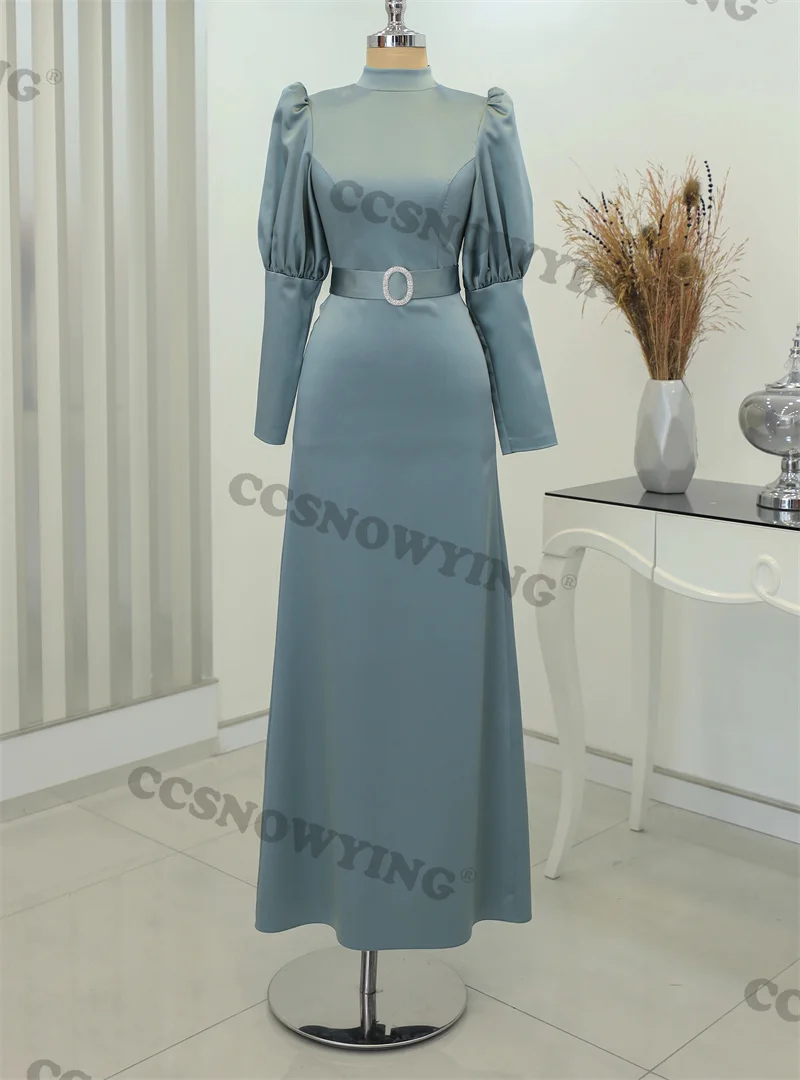 

Simple Puffy Sleeve Long Sleeve High Neck Muslim Evening Dresses Formal Party Hijab Women Arabic Kaftan Robe