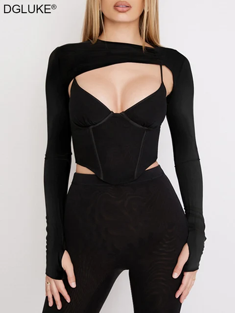 2022 Purple Long Sleeve Crop Top Women Spaghetti Strap Corset Top Summer Sexy Mesh Cami Top Y2K Two Piece Set Club Outfits black