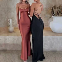 Sexy Spaghetti Strap Satin Dresses Women Elegant Backless Lace Up Mermaid Dress Woman Sleeveless Slim Bodycon Party Long Dress