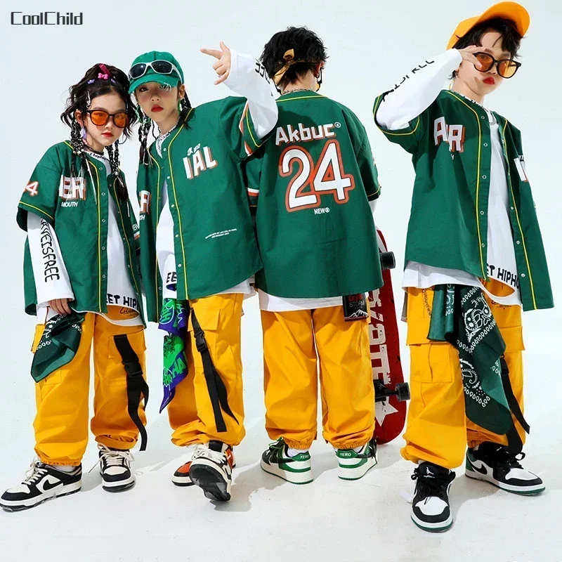 Hip Hop Boys Fashion Baseball Jacket Solid Cargo Pants Girls Cool Streetwear Children Jazz Clothes Set Kids Street Dance Costume