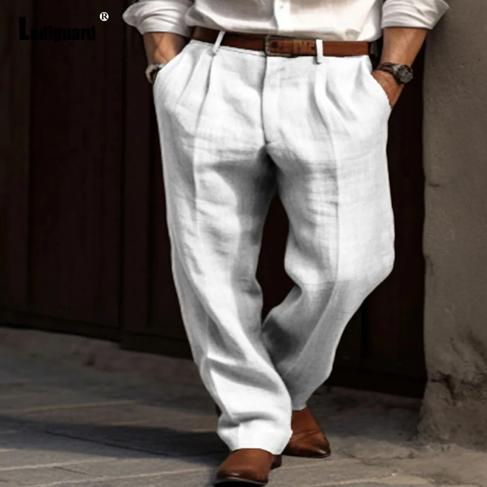 

Ladiguard 2024 Men Stand Pocket Casual Linen Pants Solid White Khaki Straight Trousers Plus Size Mens Elegant Fashion Sweatpants