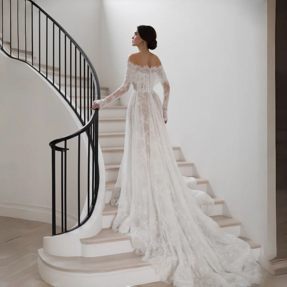 Customized Lace A Line Wedding Dress Strapless Off The Shoulders Long Sleeves Lace Up Back Vintage Boho Train Bridal Gowns 2026
