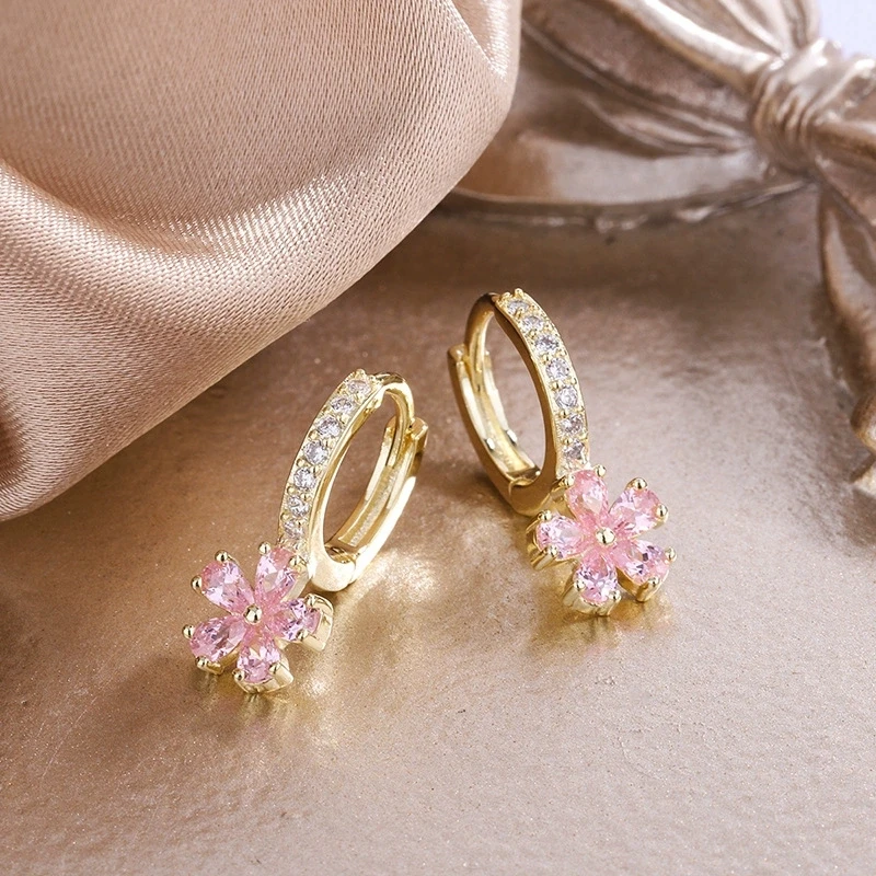White Zircon Plumeria Pink Crystal Flower Hoop Earrings For Women Vintage Gold Color Ear Buckle Wedding Jewelry Valentines Gift