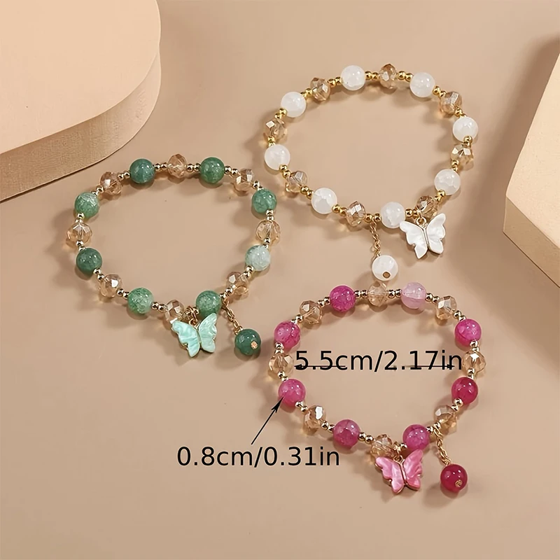 3Pcs/Set Purple Butterfly Charm Bead Stretch Bracelet For Women Multi Color Crack Faceted Beads Round Charm Girls Jewelry Gift