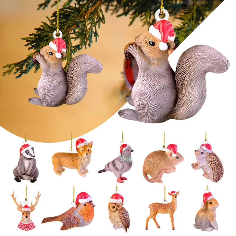 

Xmas Tree Pendant Animal Pendant with Hat Lanyard Adorable Acrylic Car Rearview Mirror Decoration Squirrel Elk Rabbit Ornament