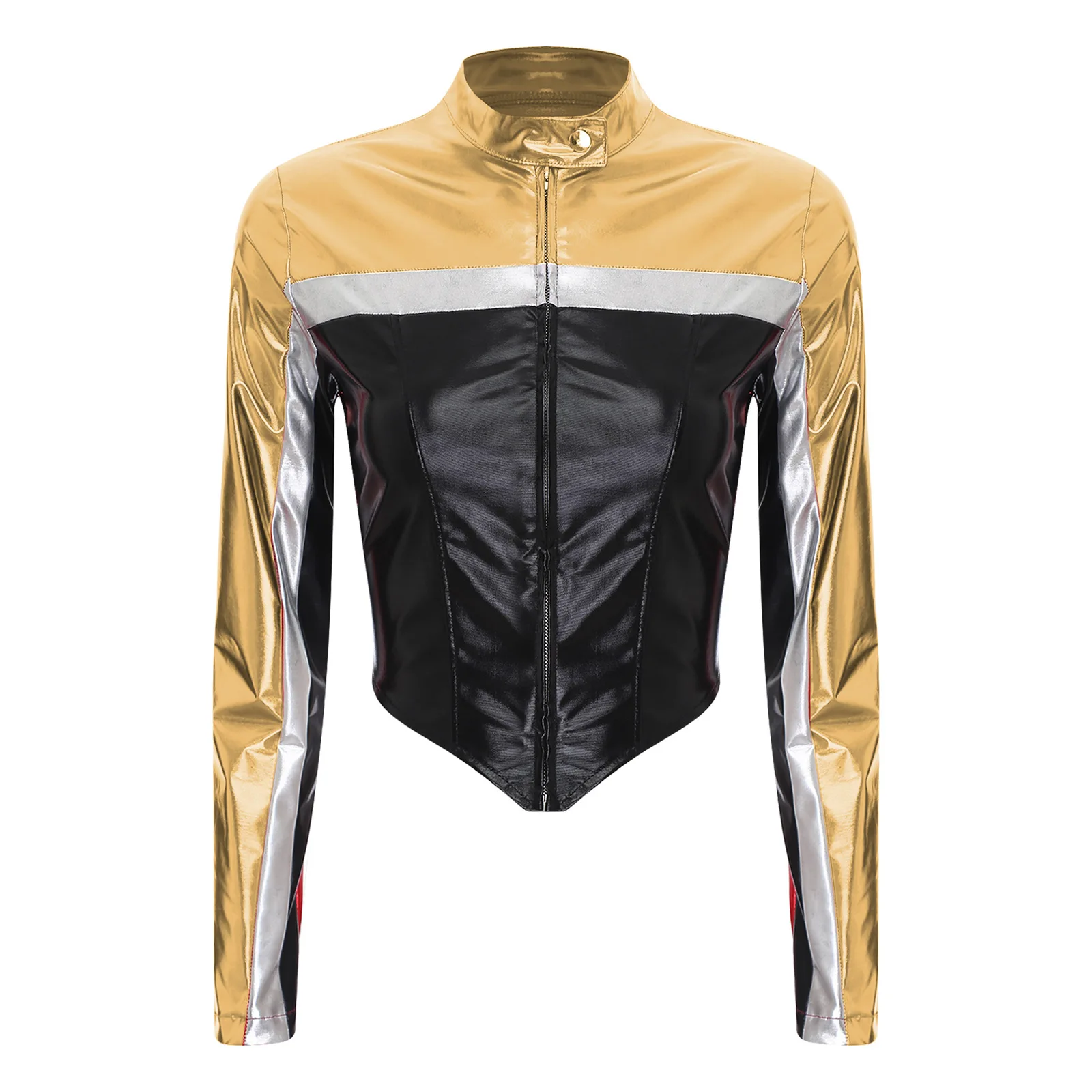 thumbnail image 1 of Chaquetas brillantes para mujer, ropa de abrigo con contraste metálico, disfraz de Cosplay de carreras para conducir, abrigo corto con cremallera frontal y cuello levantado de manga larga, 1 of 5