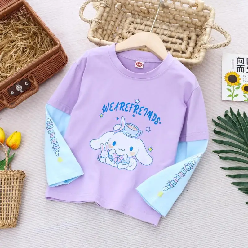 Sanrio Kuromi Children's Long Sleeve T-shirt Pure Cotton Girl Thin Tops Fake Two-piece Base Shirt Spring and Autumn Outfit 6