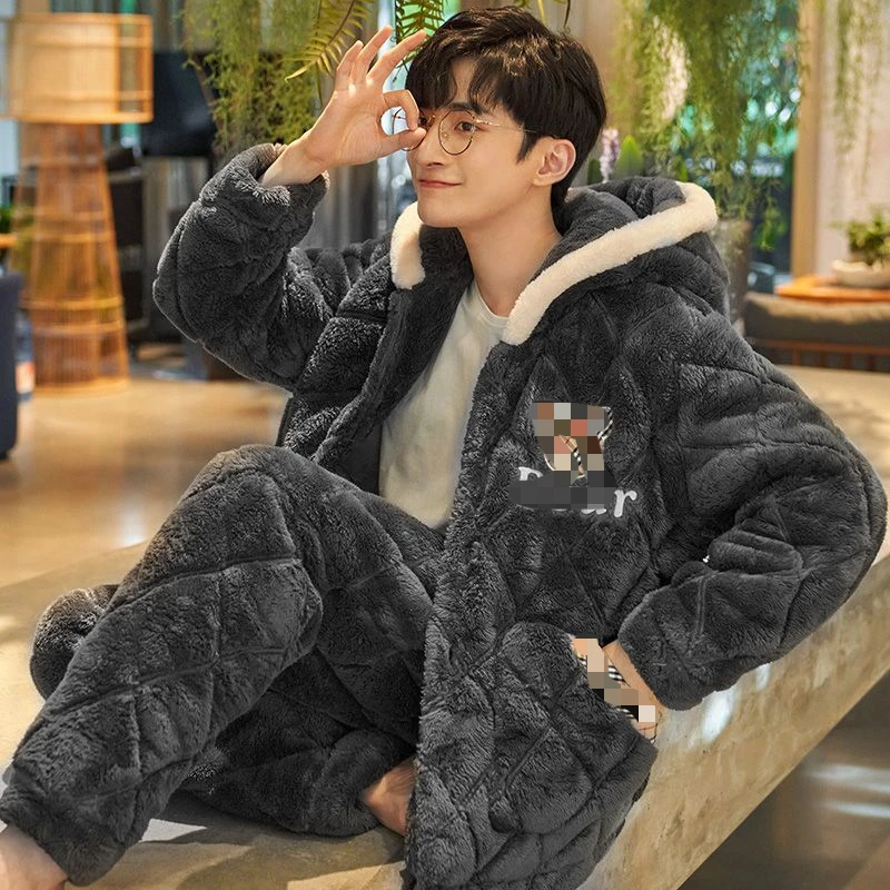 Hooded Pajamas Male Wintertime Extremely Thick Warm Coral Fleece Three Layers of Cotton Flannel Loungewear Set Pajamas for Men