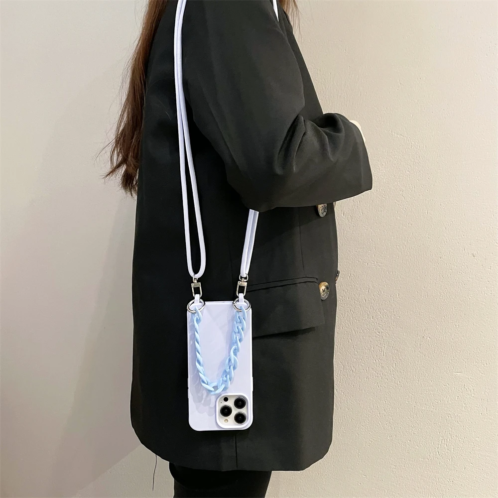 Luxury Crossbody Lanyard Rope Strap Phone Case with Acrylic Chain and Silicone Soft Cover