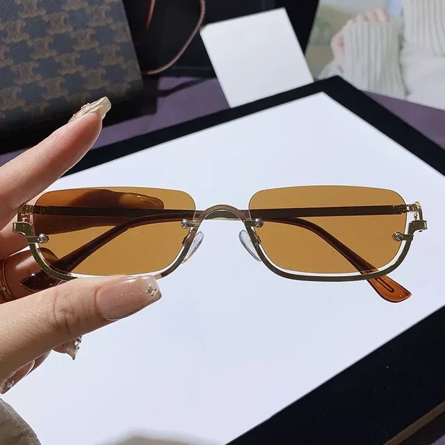 Lunettes de soleil demi-cerclées en métal de marque de luxe pour femmes, forme rectangulaire, sans monture, lunettes de soleil pour hommes, protection UV, style rétro punk Y2k, UV400 1