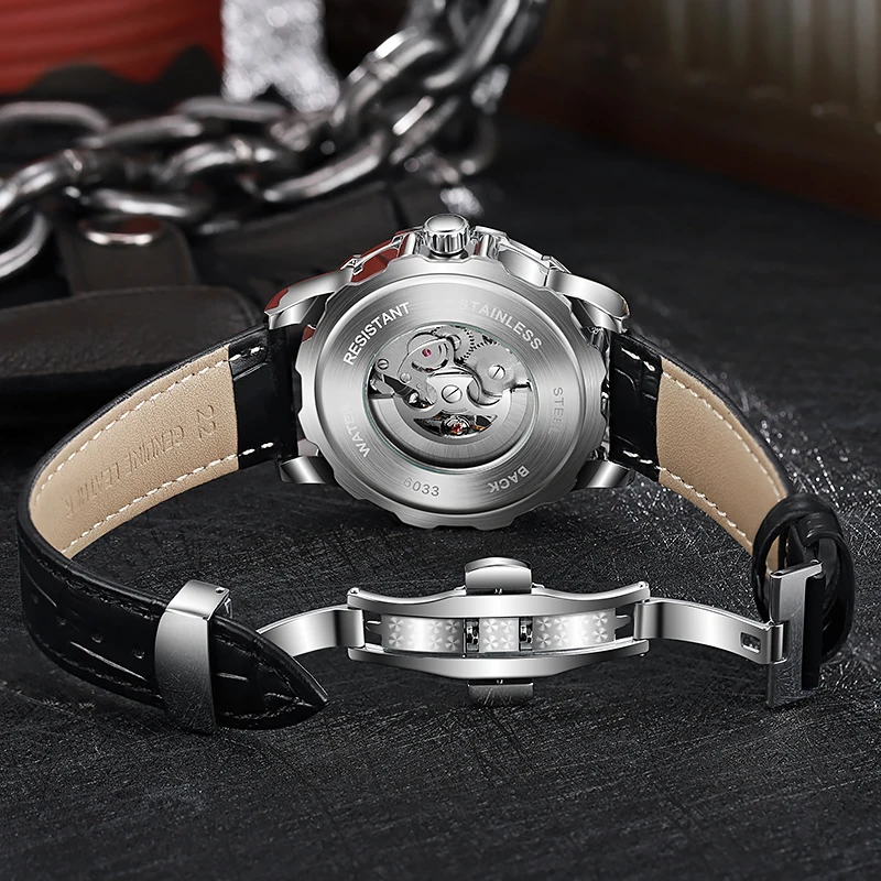 Orologio Meccanico Automatico Da Uomo Con Cassa Quadrata In Acciaio, Quadrante Scheletrato E Cinturino In Pelle, Impermeabile 3ATM E Luminescente, Elegante E Vintage
