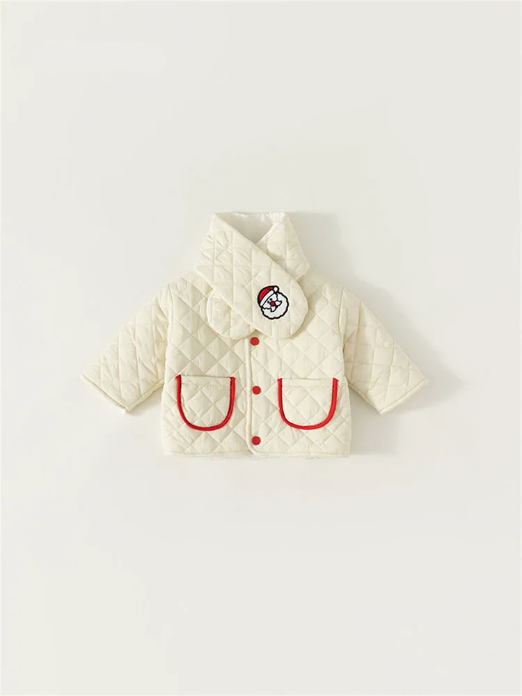 

Baby Cute Christmas Cotton-Padded Jackets With Embroidery Neckerchief Winter Warm Thick Clothes Children Contrast Quilted Coat