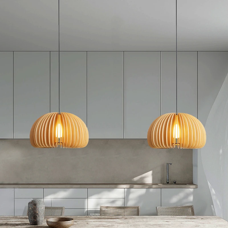 

Modern Nordic Wooden LED Chandeliers for Restaurant Kitchen Bar Living Room Bedroom Hallway E27 Room Decoration Pendant Lamp