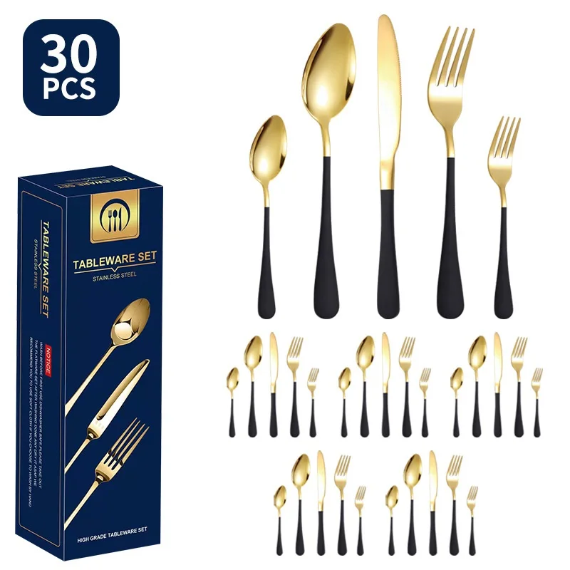 

30 Pieces Titanium Coated Stainless Steel Tableware 5 Component Set Gold Tableware Wide Blade Steak Knife Fork Spoon Set