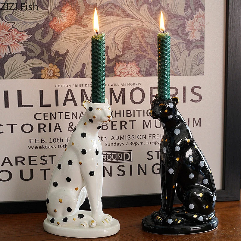 Goldplated Leopard Candle Holder Ornaments Ceramic Statue Desk