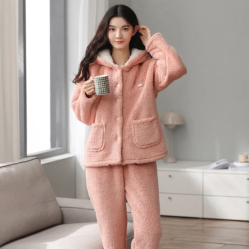 

Flannel Pajamas Sets Women Cardigan Hoodie Long Sleeves Shirt Pant 2Pcs Homewear Nightwear Sleep Suit Coral Velvet Home Clothes