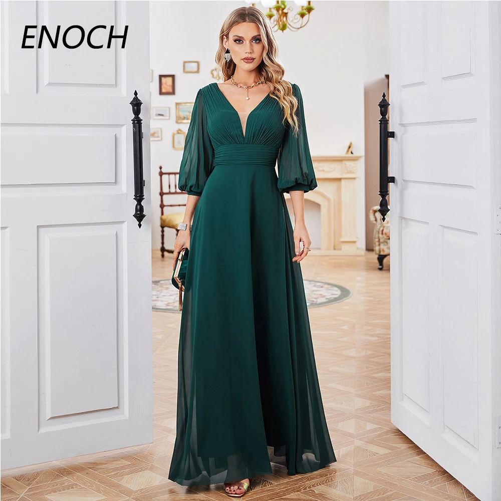 

ENOCH Simple V-Neck Chiffon Evening Dresses Pleated Half Sleeves Zipper Formal Gowns Floor Length Vestidos De Gala Custom Made