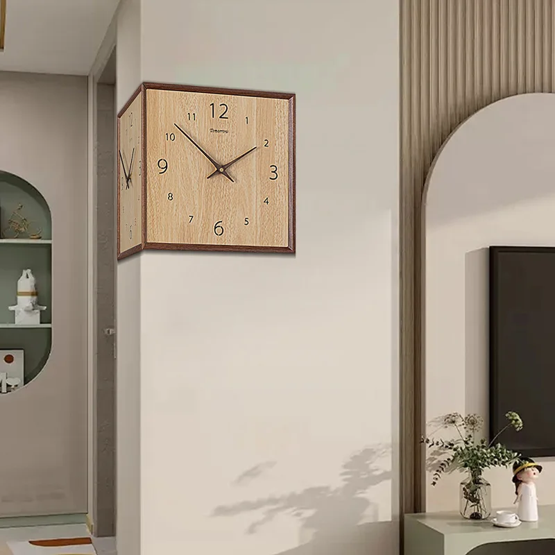 Modern Minimalist Corner Clock Solid Wood Dual Sided Wall Decor For Living Room Dining Room Corner Space Savers