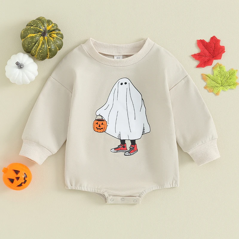 

2023-08-18 Lioraitiin 0-18M Newborn Boys Girls Halloween Clothes Ghost Pumpkin Print Rompers Long Sleeve Crew Neck Jumpsuit