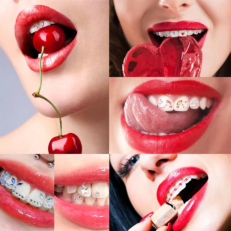 12칸짜리 치아 장 크리스탈 보석 DIY 도구 다양한 모양과 색상의 치아 장식품, 틀니용 아크릴 치과 용품