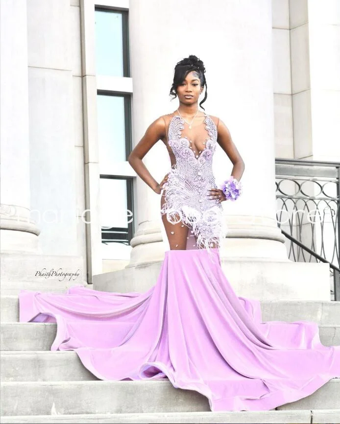 Lilás lavanda brilhante vestido de baile de formatura
