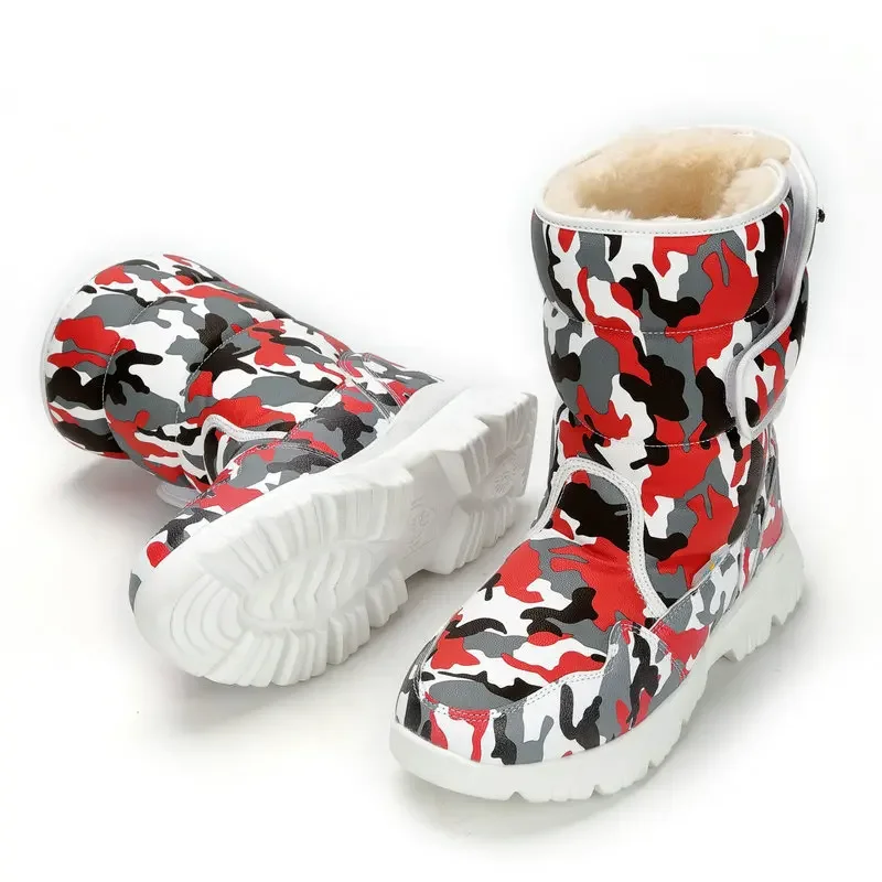Camouflage Army Green Winter Warm Plush Children\'s Snow Boots Non-slip Waterproof Ski Girls\' Long Boots Family Matching Shoes