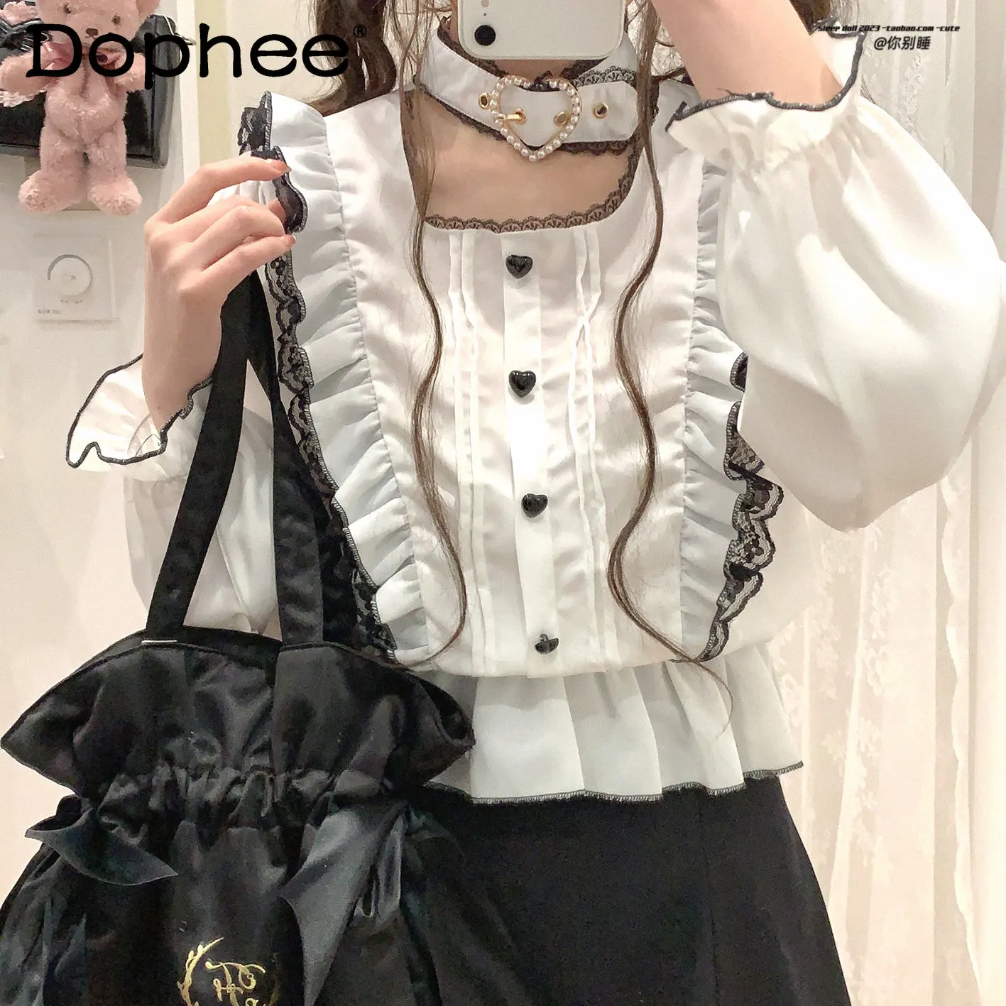 

Japanese-Style Mine Shirt for Women Neckline Pearl Heart Chiffon Slim Waist Long Sleeve Blouse 2023 Summer New White Blusas Tops