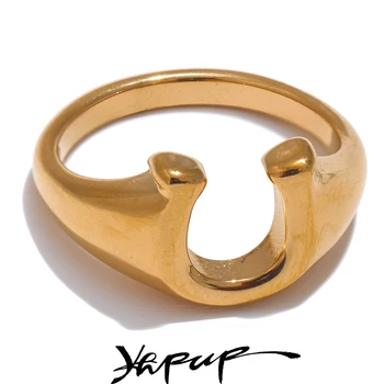Yhpup Lucky Symbols Stylish Unique Stainless Steel Metal U Shape Ring 18K PVD Plated Texture Waterproof Jewelry Wholesale Gift 1